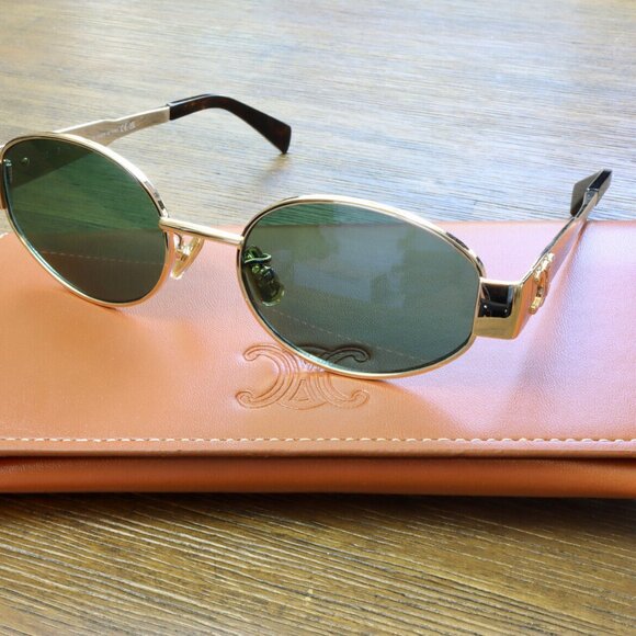Celine CL4S235U Triomphe Gold Metal Frame Green Lenses Sunglasses - Picture 6 of 6